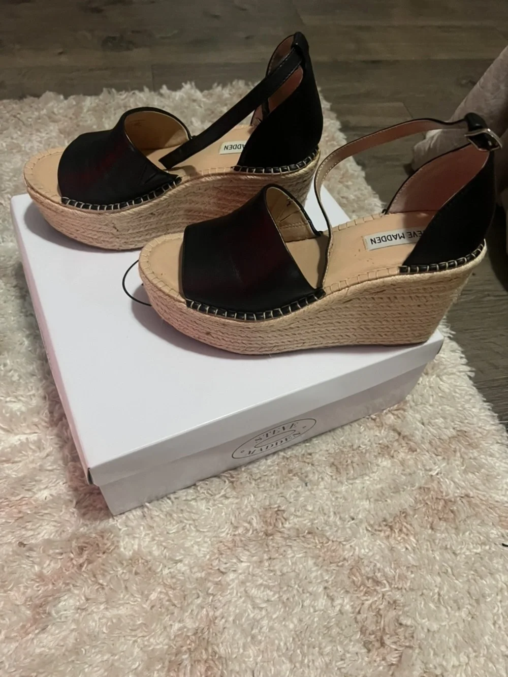 Steve Madden Black Leather Espadrille Wedge Sandals